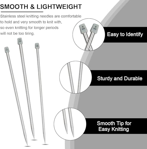 Image of Aeelike 11 Pairs Knitting Needles Set - 14 inch Stainless Steel Knitting Needles Single Point with Roll Bag - Portable Metal Knittings Needle Set for Beginners Size 2mm to 8mm