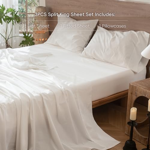 Image of MooMee Bedding Sheet Set 100% Washed Cotton Linen Like Textured Breathable Durable Soft Comfy (Solid Off White, Twin)