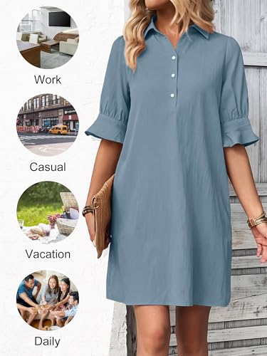 Image of FENSACE Womens Casual Shirt Dress Ruffle Sleeve Button Down Shift Summer Dresses with Pockets