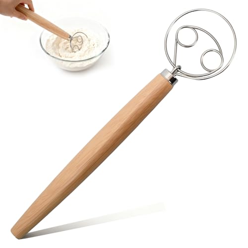 Batidor Danés para Masa, Varillas Cocina de Acero Inoxidable, Batidora Manual con Mango de Madera, Barillas Batir Manual para Pan, Masa, Pasteles, Pizza, Pasteles y Más, 13 Pulgadas