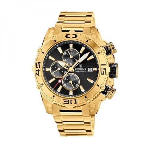 Festina Montre Homme Analogique en Acier Inoxydable 316L Doré - Mouvement Quartz - Chronographe - Calendrier - Verre Minéral Haute Résistance - Étanche 10...