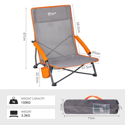 PORTAL Folding Beach Chair Low Lightweight 2 PCs Portable for Adults Foldable Beach Seat Camping Festival Picnic Deck Chair Outdoor Collapsible with Cupholder Mesh Back Padded Armrests Supports 150KG