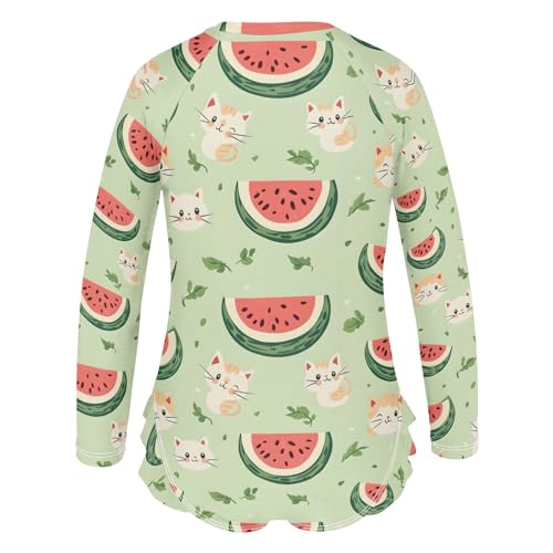 Watermelon Cats Pastel Green Rashguard Girls One Piece Swimsuit Quick Dry Ruffles Swimwear 3T3