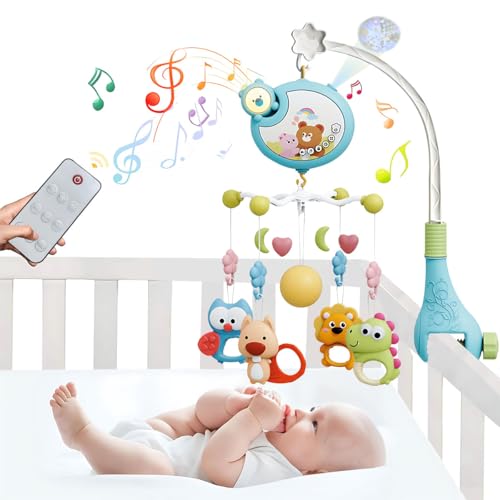 Azulmart Baby Crib Mobile with Funny Rotation Musical Hanging Rattle & Remote Control Spin Motor Projection Night Light Relaxing Music Portable Animal Nursery Sensory Crib Toy for Infant Newborn Gift