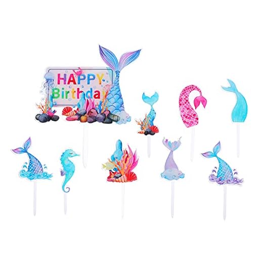 ifundom 9 Pcs Havs Hav Tema Födelsedagstårta Toppers Glitter Sjöjungfru Svans Cupcake Topper under Havet Djur Tårta Dekoration För Baby Shower Födelsedagsfest Leveranser B