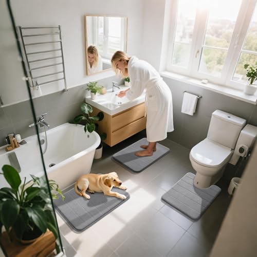Yimobra Memory Foam Bath Mat Set 3 Pieces- Super Soft Absorbent Quick Dry Bathroom Rug Sets, Machine Washable Non Slip Floor Carpet for Tub Shower, Vanity & Toilet Base, Gray by Yimobra - Image 8