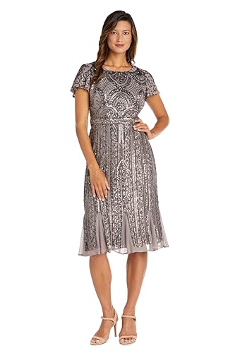 R&M Richards Women's Sparkling Tea Length Beaded Dress W/Godet Insets & Short Sleeves | Evening Cocktail Party Style