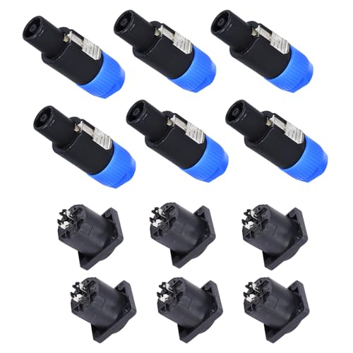 Image of HBU 6 Sets 4 Pole Speakon Connector Kit - 6pcs NL4 Speakon Connectors & 6-pcs 4 Pin Panel Mount Chassis Socket - Twist Lock for NL4FC, NL4FX, NL4FRX, NL4MPR Adapter Plugs (Blue)