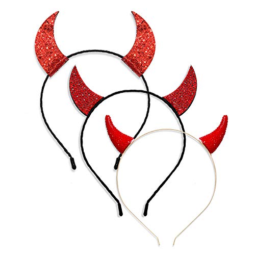 Halloween Headband for Girls Glitter Devil Horns Headband Costume Devil Ears Hair Hoop Gift for Women Men (3 Devil Horn Headbands) Red