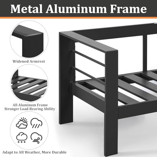 Image of 8 Pieces Outdoor Conversation Sets, Aluminum PatioCouch with Metal Fire Pit Table, All-Weather PatioCouch with 5 inch Thick Cushion, 43'' Firepit Outside Wood Burning with Adjustable 2 Grills, Light Gray