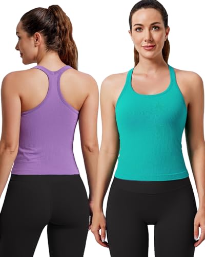 Image of Women's Workout Tank Tops, with Built in Bra Racerback Seamless Crop Tops