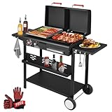 Propane and Charcoal Grill Combo, Gas Griddle Grill Combo Two Fuel BBQ Grills with Long Silicone Non-Slip Grill Gloves, Dual Fuel Lids and Side Shelves