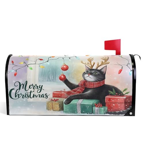 Image of Christmas Cat Kitty Magnetic Mailbox Covers Winter Snowflake Xmas Reindeer Mailbox Cover Over Size Full Magnet Garden Yard Porch Mail Boxes Cover Holiday Decorations 25 inch L x 21 inch W