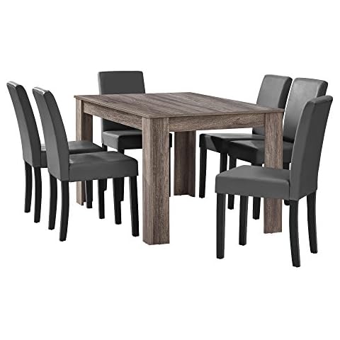 Esstisch Eiche antik mit 6 Stühlen dunkelgrau Kunstleder gepolstert 140x90 Essgruppe Esszimmer Cover