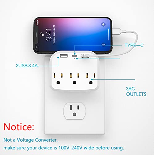 2 Pack Multi Plug Outlet Extender with USB Wall Charger and USB C Charger , 3 Outlet Surge Protector, 2 USB Phone Charger , 1 Type-C, Multiple Power Outlet Expander for Home, Office