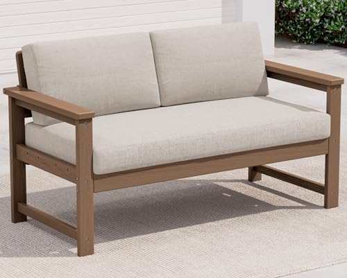 Image of SERWALL HDPE Outdoor Loveseat with Cushions, All Weather Use Outdoor Loveseat Sofa, Brown Frame /Khaki Cushion