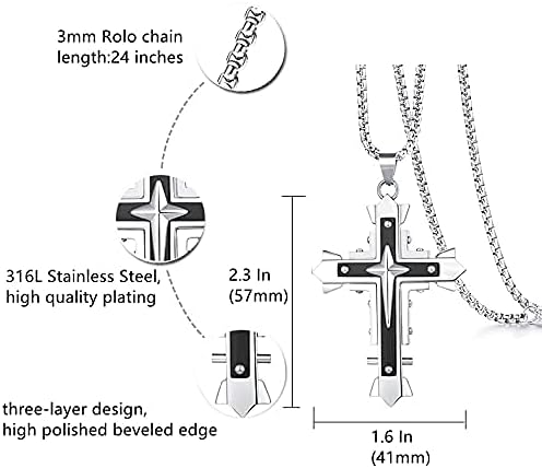 Stainless Steel Large Jesus Christ Cross Pendant Necklace Religious Jewelry For Men,On 24 In Rolo/Byzantine Chain,Silver/Gold/Black - Image 3