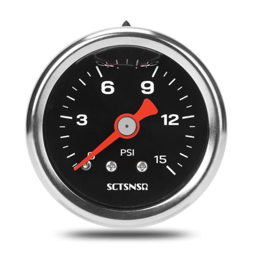 SCTSNSR 0-15 Psi Fuel Pressure Gauge 1.5 Black Dial 1/8 NPT Back Mount Stainless Steel Case Glycerin Liquid Filled Inline Low Pressure Gauge for Oil Water Air Pressure Test