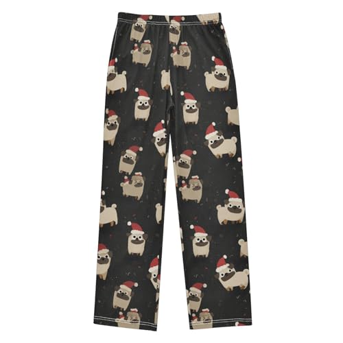 Cartoon Pugs Santa Hats Pajama Pants Soft Lounge Sleepwear PJ Bottoms with Elastic Waist Ages 6–14 Years
