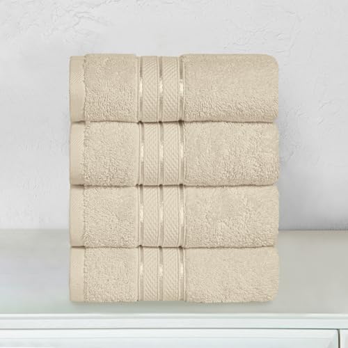 Image of Elegant Comfort Three Line Popcorn Towel Set for Bathroom 16 x 28 inches, Premium Hotel Quality 4-Pack Hand Towels, 100% Turkish Cotton, Soft and Durable, Quick Dry and Highly Absorbent, Ivory