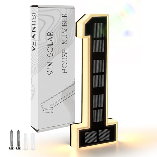 ISUNMEA 9 Inch Solar Lighted House Numbers for Outside, Light Up Waterproof LED Address Numbers Signs for Houses, Large Personalized Illuminated Exterior Modern House Numbers Light (1-Black, 9IN)