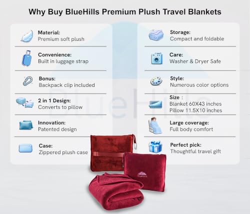 Image of BlueHills Premium Soft Travel Blanket Pillow Airplane Blanket Packed in Soft Bag Pillowcase with Hand Luggage Belt and Backpack Clip, Compact Pack Large Blanket for Any Travel (Red T001)