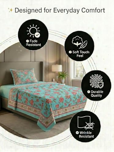 Image of Mafatlal 144 TC Heritage 100% Pure Cotton Jaipuri Bedsheet with Pillow Cover (90x60 inches) | Soft & Breathable Fabric | Traditional Floral Print | Teal Blue