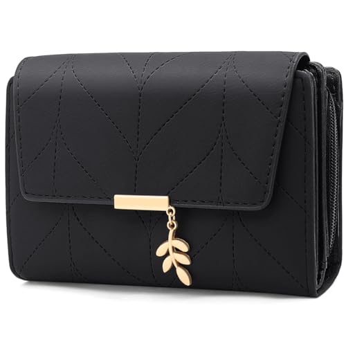 GOUNNU Cartera Mujer Piel Alta Capacidad Carteras Bloqueo RFID para Mujer con Cremallera Monedero de Mujer Pequeñ con 14 Ranuras para Tarjetas Billetera Damas Forma Corta,Doble Descuento (Negra)