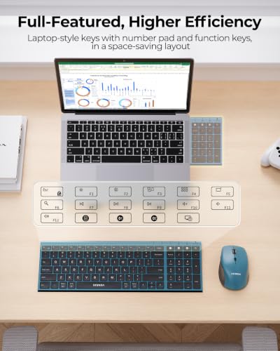 Image of seenda COE401 Wireless Keyboard and Mouse Combo, 3-Device, Black Blue | Rechargeable slim combo connects with 3 devices; quiet use for Windows, Mac, PC, laptop, MacBook and iPad