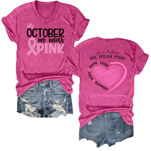 hohololo Breast Cancer Shirts Women in October We Wear Pink Tshirt Breast Cancer Awareness V-Neck Tees Cancer Survivor Tops