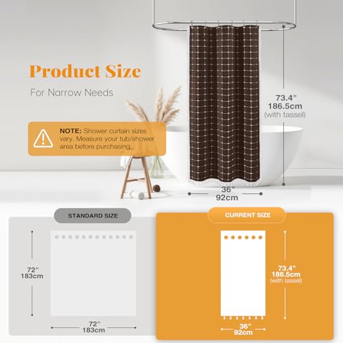 Image of BTTN Boho Shower Stall Curtain - 36x72 Narrow Linen Ultra Thick Tassel Fabric Cloth Shower Curtain Set with 6 Plastic Hooks, Half Camper RV Modern Farmhouse Country Shower Curtains for Bathroom, Brown