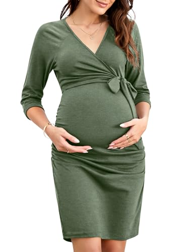 KOJOOIN Damen Elegant Umstandskleid V-Ausschnitt Schwangerschaftskleid Stillkleid mit Falten Etuikleid Hellgrün(3/4 Ärmel) M