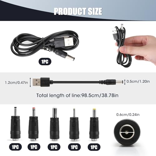 USB to DC Cable, 1M 5V 2.0 A Universal USB Power Cable Male to DC 5.5 x 2.1mm Barrel Jack Plug Charger Power Cord Adapter with 2.5x0.7mm 3.5x1.35mm 4.0x1.7mm 5.5x2.5mm 3.0x1.0mm 5 Connectors Tips - Image 3