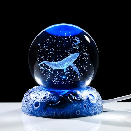 Image of 3D Engraved Whale K9 Crystal Ball with Space LED Base 2.36in. Miniatured Whale Birthday Gifts for Girlfriend Glass Home Decoration