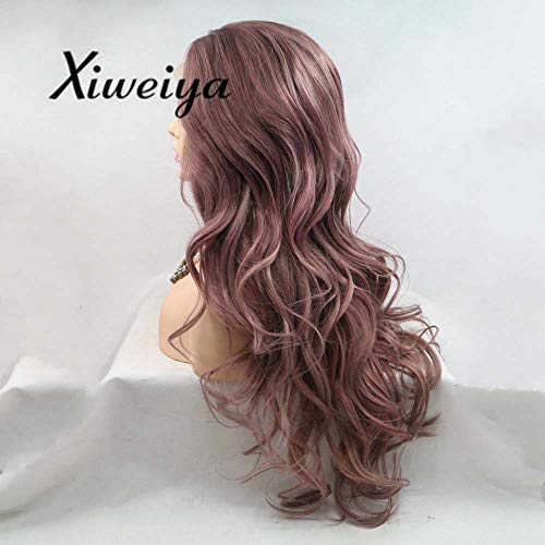 Xiweiya Smoke Purple Synthetic Lace Front Wigs Metallic Purple Rose Brown Natural Wave Wigs Heat Resistant Fiber Hair Wig Long Wavy Wig Middle Parting Cosplay Wigs - Image 3