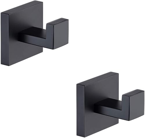 Ganchos para toallas de baño, color negro mate, paquete de 2 ganchos de acero inoxidable para bata y ropa, gancho de pared resistente para baño y