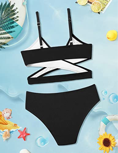Aulyffo Girls' Swimwear Size 13 14,Two Piece Swimsuit Criss Cross Bathing Suit V-Neck Adjustable Shoulder Straps Girl Bikini Set Black #TOP4