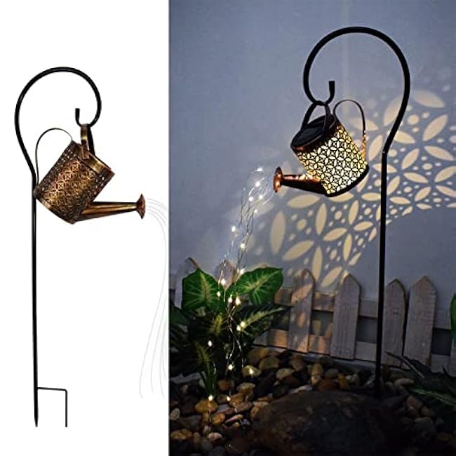 Garden Shower Light Solar Powered Watering Can with Lights Star Light LED Outdoor String Fairy Lights Waterfall with Bracket for Home Path Patio Yard Lawn, White