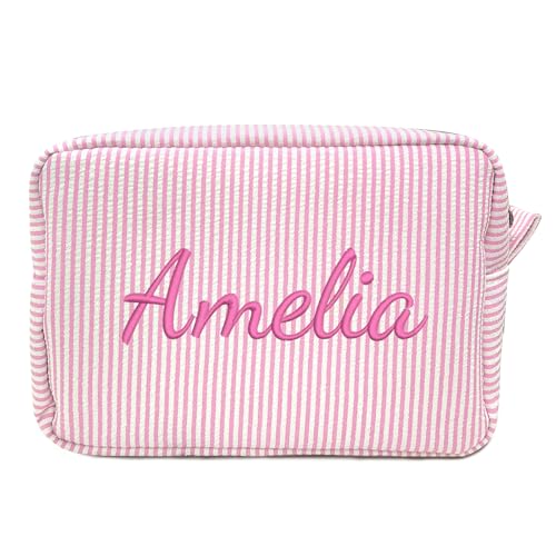 Personalized Monogram Makeup Bag, Custom Cosmetic Bag with Zipper, Birthday Gifts for Girls Sister & Girlfriend, Lightweight Seersucker Travel Pouch for Toiletries with Striped Pattern