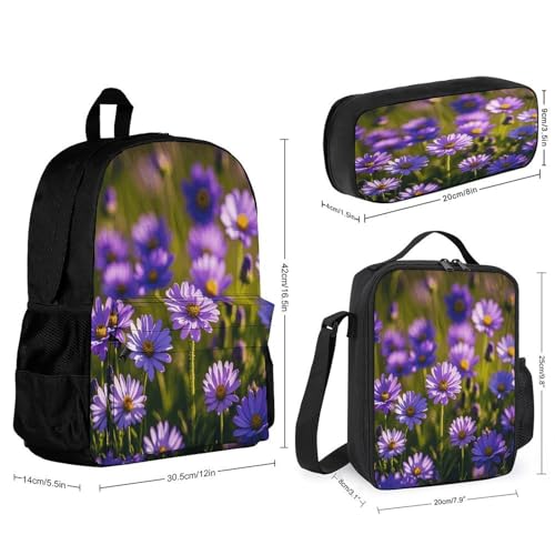 3-in-1 Backpack Combination Set Purple Wildflowers Print 3Pcs Backpack Sets Travel Daypack with Lunch Bag And Cosmetic Bag2