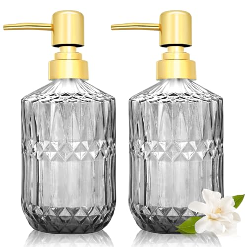 Paquete de 2 dispensadores de jabón de vidrio vintage de 400 ml con bomba, botellas de jabón líquido de diseño acanalado recargables para baño, encimera de tocador, fregadero de cocina, lavandería,
