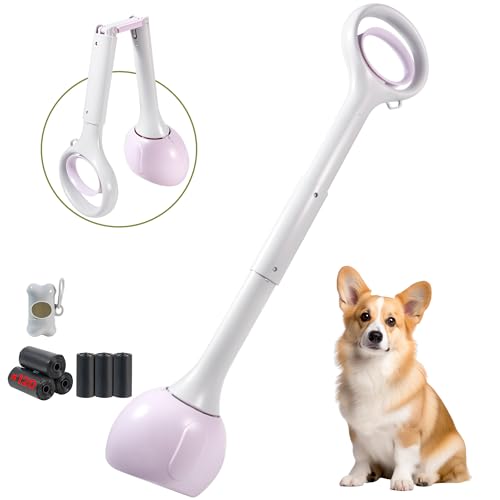 Image of Dog Pooper Scooper Portable with Bag Attachment, One Handed Foldable Design, Includes 120 Waste Bags and Dispenser, 28 Inch Handle for Grass Yard Gravel Cleanup (Purple)