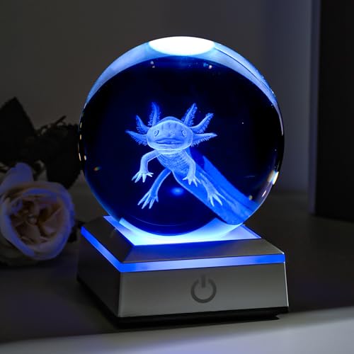 Image of 3D Axolotl Crystal Night Light with Multicolor LED Base Glass Laser Engraved Axolotl Figurines Gifts for Boys Girls Lovers Birthday Christmas Room Decor