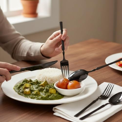 Image of 10 Pcs Black Cutlery Set for Dining Table the Perfect Lightweight Silim Handle Tableware Including Dinner Spoon, Dinner Fork, Dinner Knife, Dessert Spoon & Dessert Fork