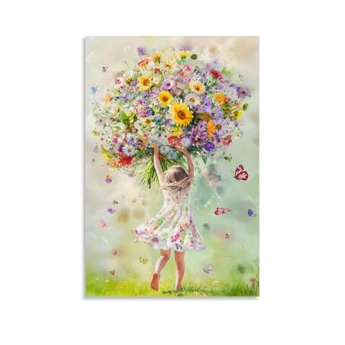 Modern Cute Wall Art, Girl Embracing Wildflower Hanging Paintings Poster,