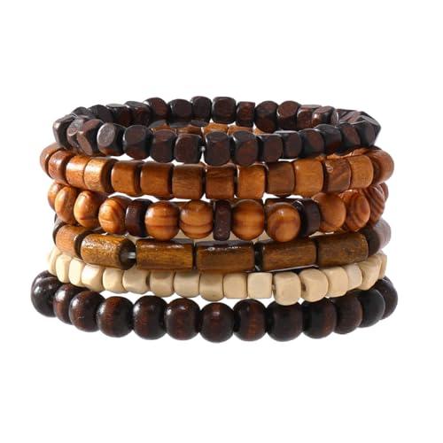 MILAKOO 5Pcs Wooden Stretch Bracelets for Women Men Meditation Prayer Mala Natutral Beads Wristband, 8 centimeters, Wood, Elastic, Alloy, No Gemstone