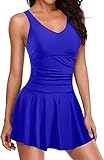 Yonique One Piece Swimsuits for Women Modest Tummy Control Swimdress Vintage Bathing Suits Skirt Swimwear Royal Blue L