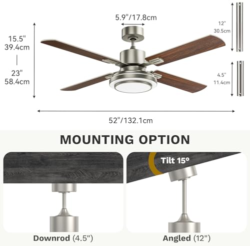 DWVO Ceiling Fan with Light Remote Control 52in, 4 Blade Ceiling Fan Light Fixtures Modern Reversible Brushed Nickel 6 Speeds, 3 Color Temperatures, Quiet DC Motor for Bedroom Living Room