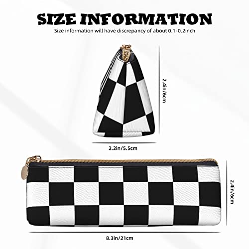 Image of Black White Race Checkered Flag Pattern Leather Pencil Case Zipper Pen Makeup Cosmetic Holder Pouch Stationery Bag for School, Work, Office