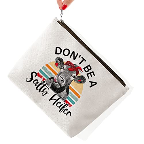 BiuNiuring Cow Gifts: Funny Retro Sarcastic Makeup Bag for Women, 'Don't Be A Salty Heifer' Cosmetic Bag